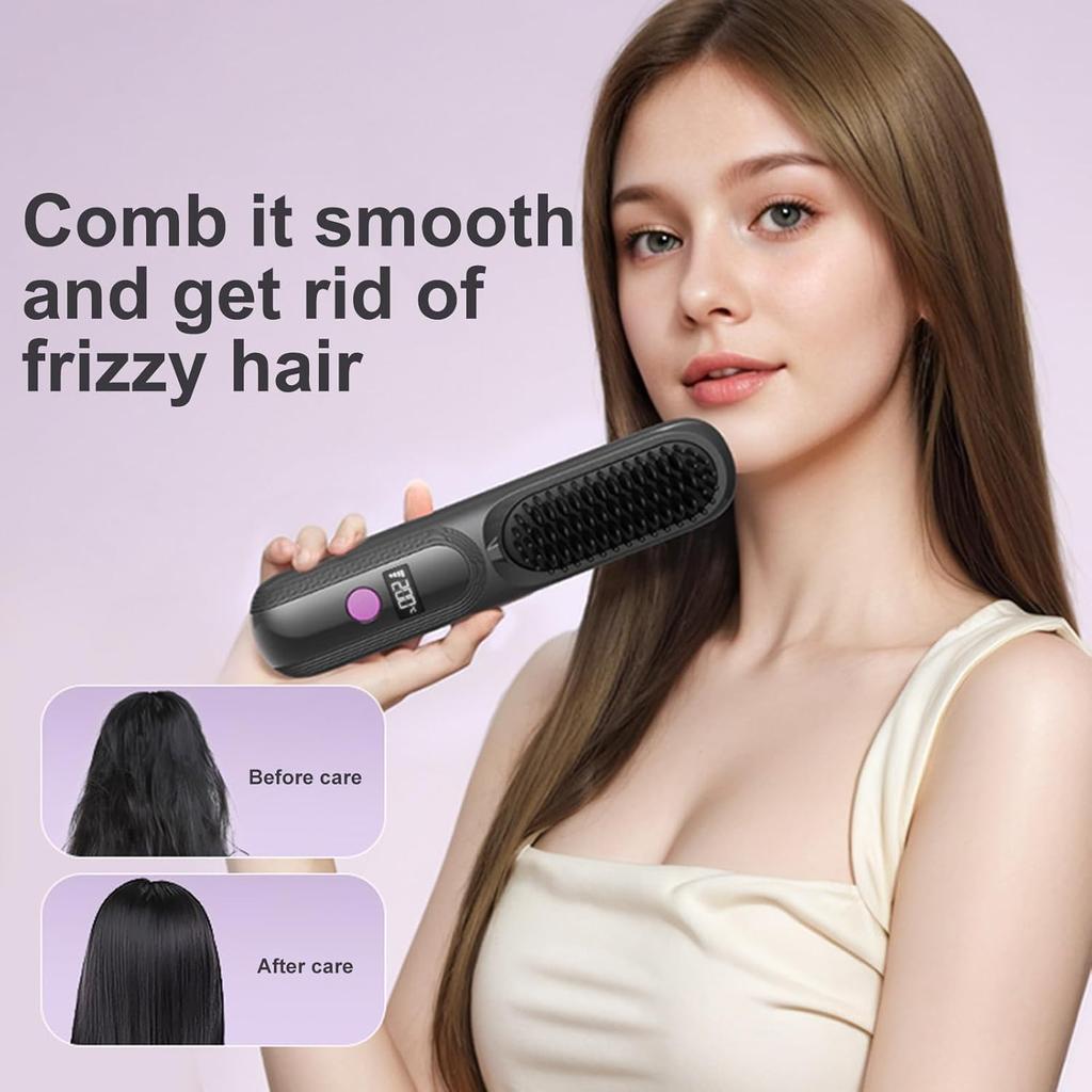 Negative Ion Straightener Brush Temperature Display Wireless Hair Straightener Brush Portable Hair Straightener Wireless