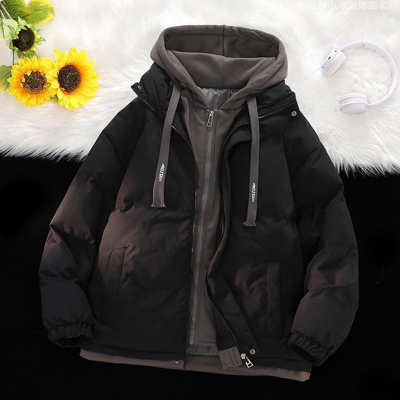 Winter neue Fake-Zweiteiler Kapuzen-Baumwolljacke Herren kurz locker verdickt Baumwolljacke Winter Brot-Daunenjacke