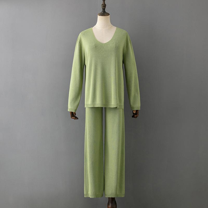 Women Spring Autumn Solid Color V Neck Ice Silk Pant Suits Relaxed High Waist Sweater Two Piece Set