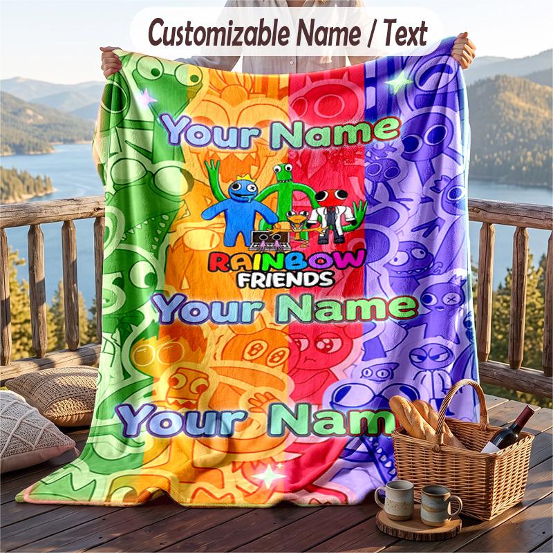 Rainbow Friends Flannel Blanket, Personalized Custom Name Text, Soft Warm Plush Throw Blanket For Gift