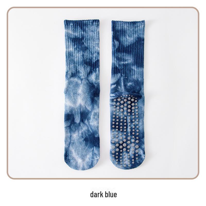 Damfärgglada batikmönstrade halkfria frottésockor i mellanhöjd av bomull för yoga och pilates