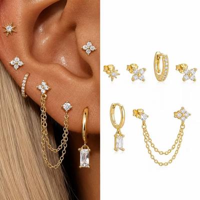Gold Plated Clover Stud Earrings With Double Chain Layered Ear Cuff Set Women Minimalist Luxury