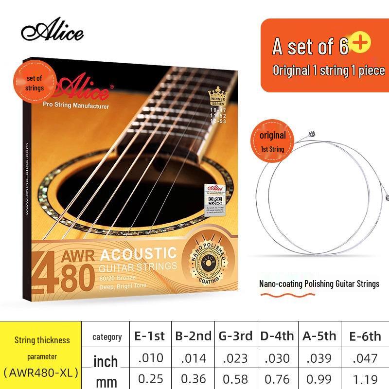 Corde per Chitarra Acustica Alice Folk - Set Completo da 6 (Corde 1ª, 2ª, 3ª come Singole)