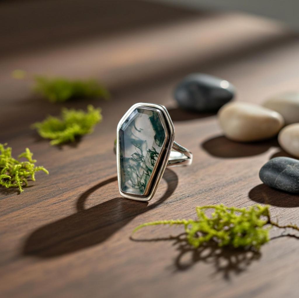 Anel de caixão, anel de ágata musgo, anel de prata esterlina sólida 925, joias artesanais, anel boho, anel de pedra preciosa verde, anel de declaração, anel de promessa