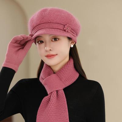 New Rabbit Fur Hat for Ladies and Mothers Knitted Woolen Hat for Middle Aged and Elderly People  Warm Plus Velvet Hat Grandma's Cold Proof Scarf