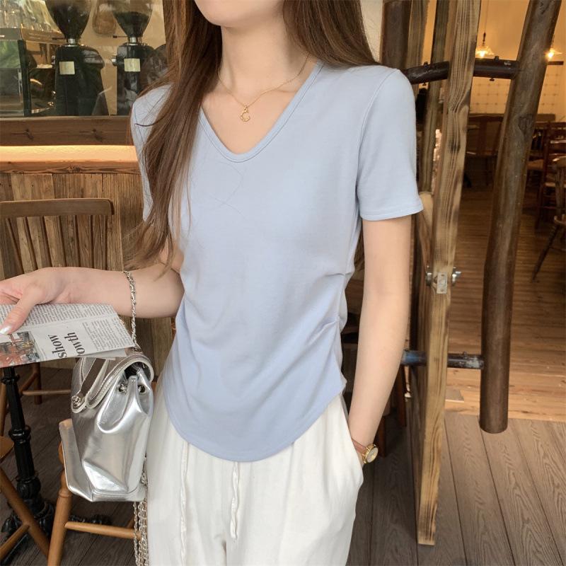 Spring/Summer Korean Style Slimming V-Neck Pleated Short Sleeve T-Shirt