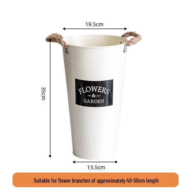 Cream White Floral Water-Holding Tin Bucket for Arrangements with Artificial or Dried Flowers
