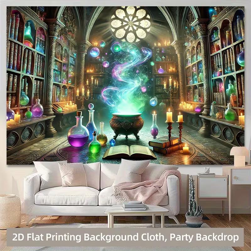 2D Witch s Potion Lab Backdrop Banner, Magical Wizard Library Photography Background 47.2x31.5inch/120*80cm