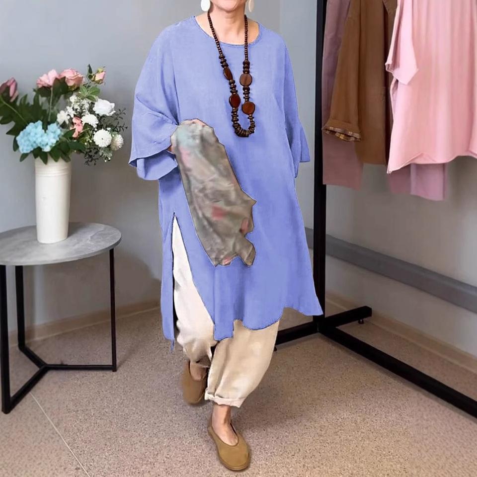 2026 summer new European and American women's solid color round neck seven-quarter sleeve casual linen split-ended long top