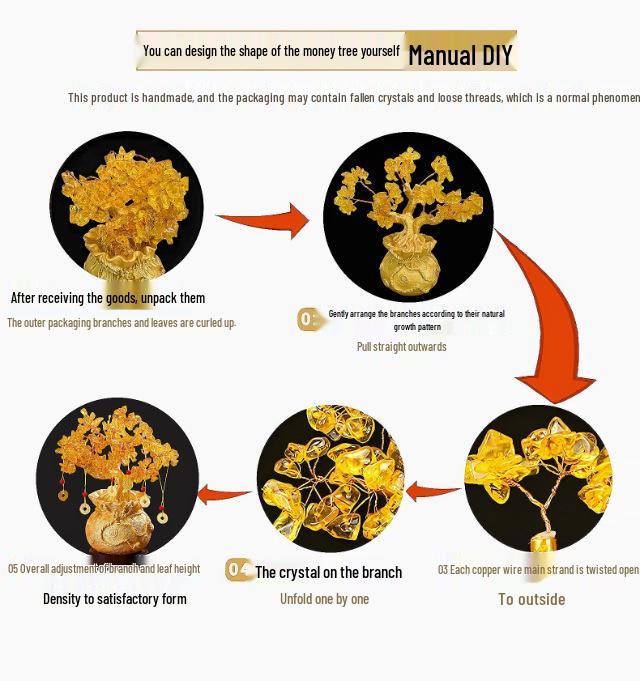 Citrine Money Tree Figurine: Attracts Wealth & Fortune, Perfect for Wine Cabinet or Living Room Entrance Decor.