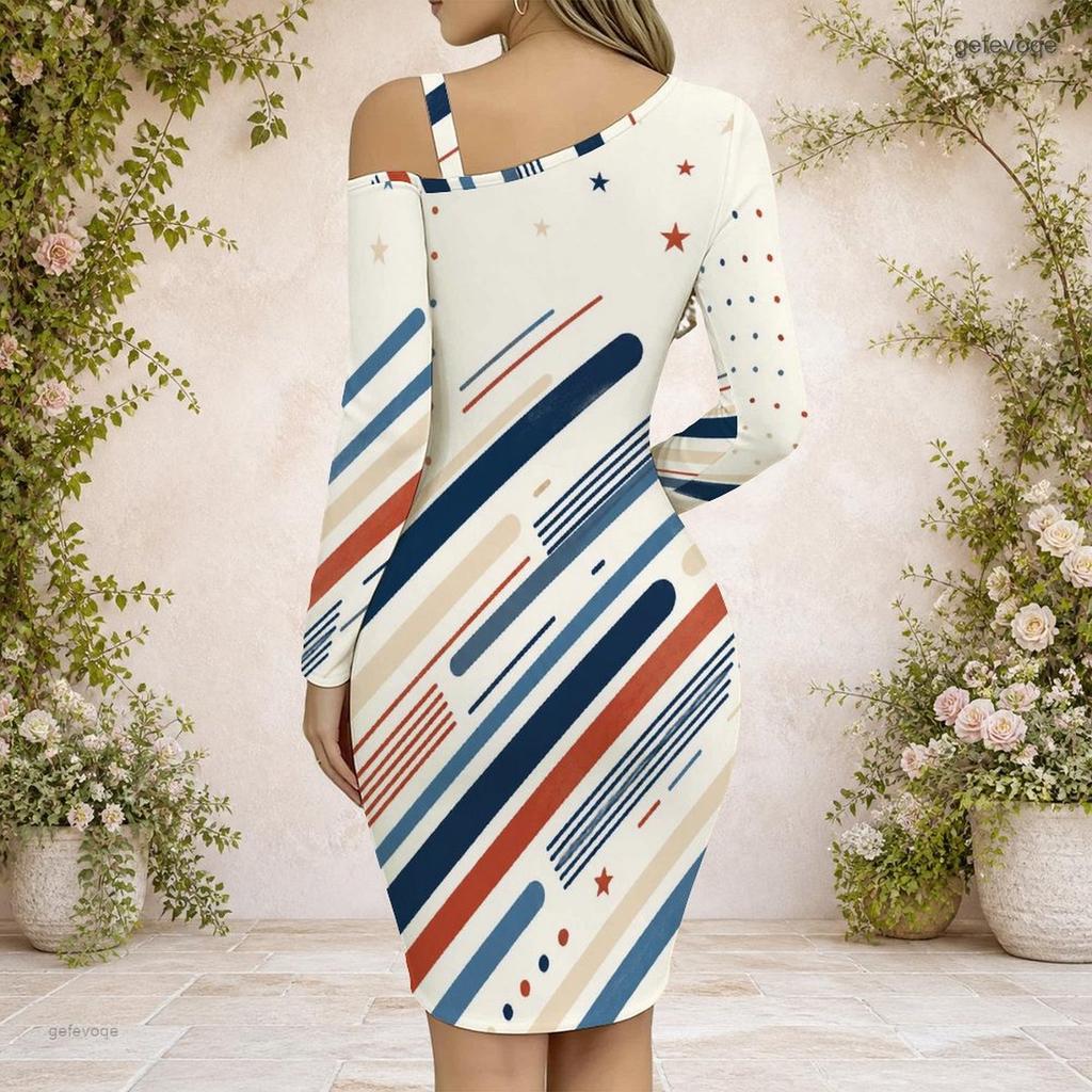 Women Plus Size Cold Shoulder Long Sleeve Printed Chain Strap Asymmetrical Hem Bodycon Dress