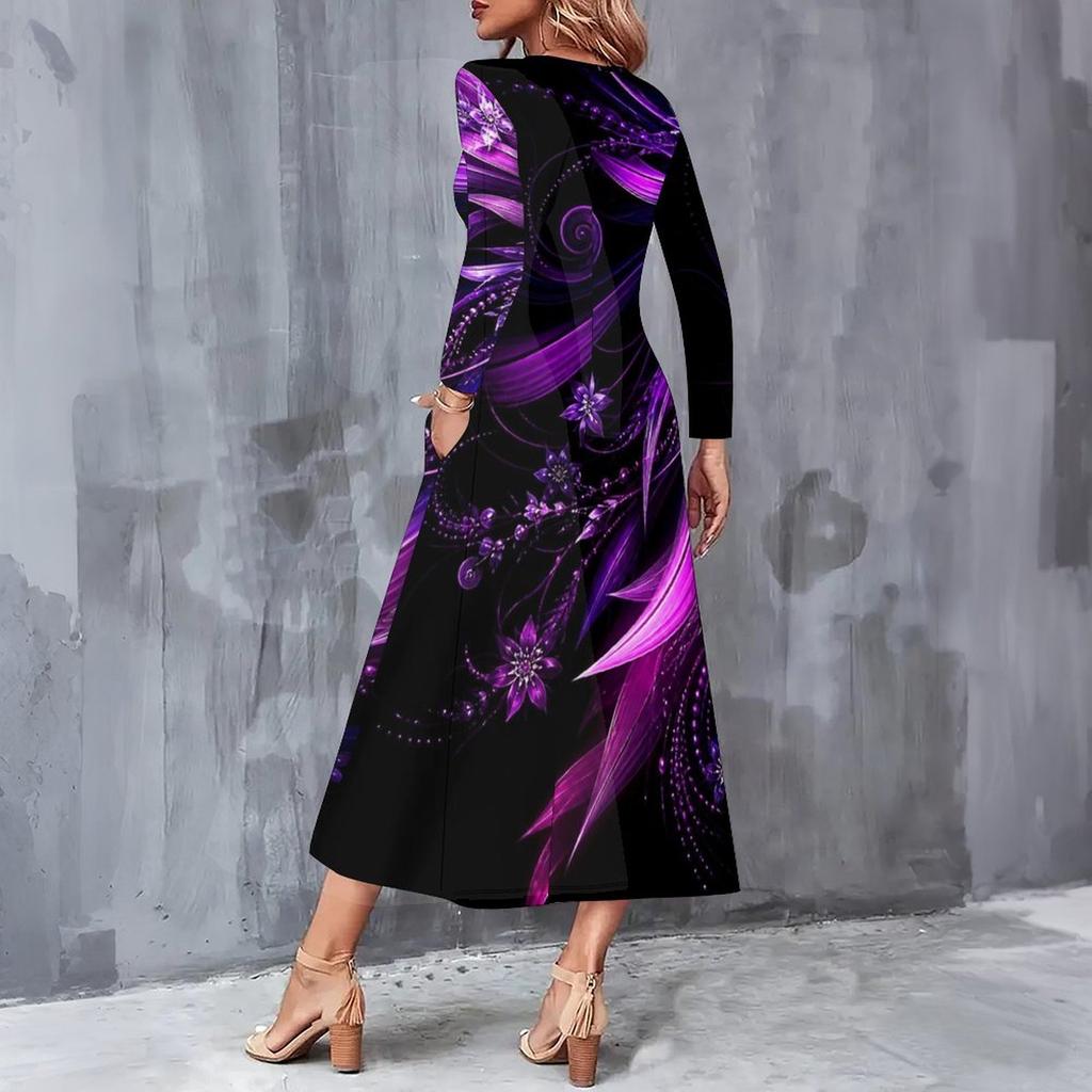 Women Plus Size V Neck Long Sleeve Black Purple Floral Print A Line Midi Dress With Pockets