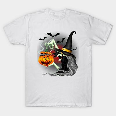 T Shirt Women Witch With Jack Olantern And Bats Harajuku Print Kawaii Tshirt Summer Short Sleeve Female T-Shirt Top Tee