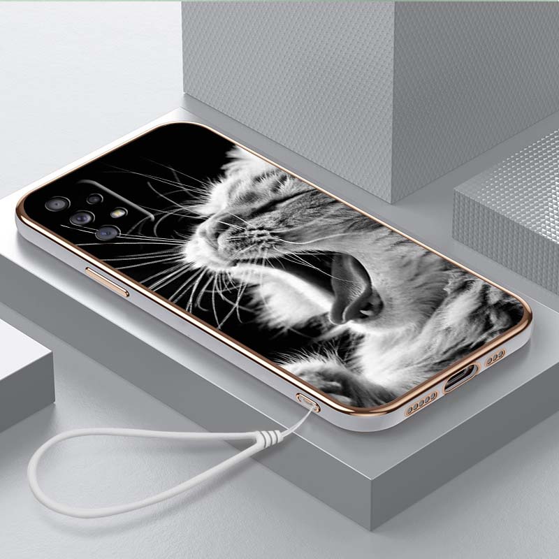 Luxury Plated TPU Phone Case With Lanyard for Samsung Galaxy A04 A05s A13 A14 A24 A54 A34 Note20 S23 Ultra Cases A41 Cool Cat Black Design Art Cover