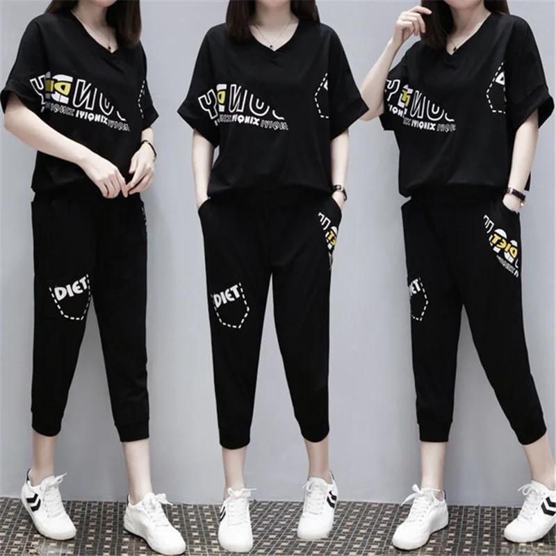 

Летний комплект спортивной одежды больших размеров в корейском стиле для женщин, с короткими рукавами и брюками длиной 3/4 XXXL чёрный