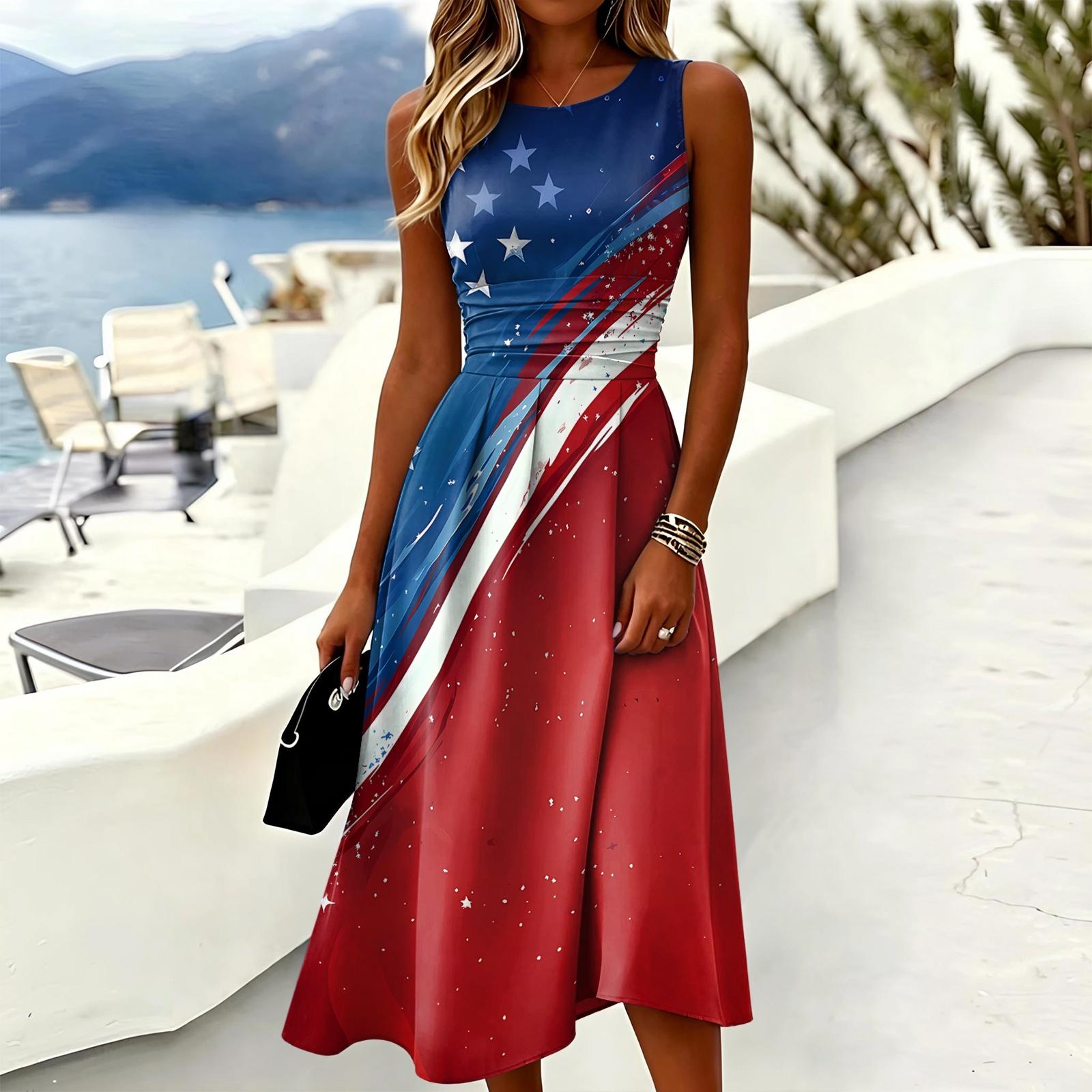 

Sleeveless Casual Dress for Women Round Neck Midi Length Printed Summer Dress Lightweight Comfortable Fit S винний