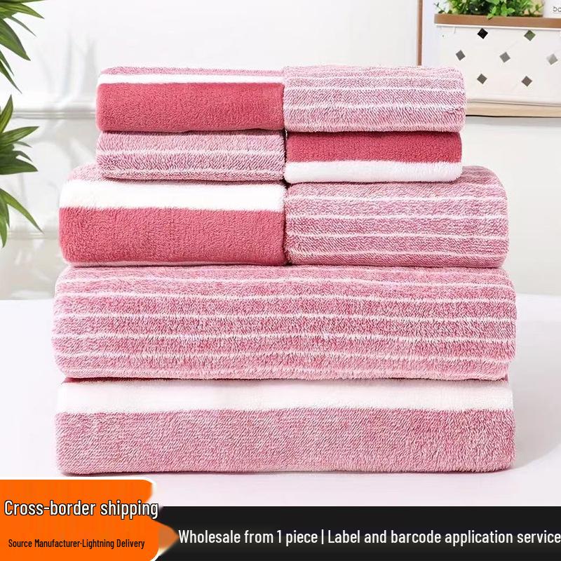 8-teiliges Korallenfleece Streifen Handtuch-Set - Für den Heimgebrauch, Dick, Wasserabsorbierend, Kein Fusseln.