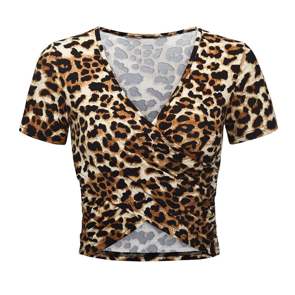 2020 Summer V-neck Slim Fit Leopard & Snake Print Crop Top T-shirt for Women