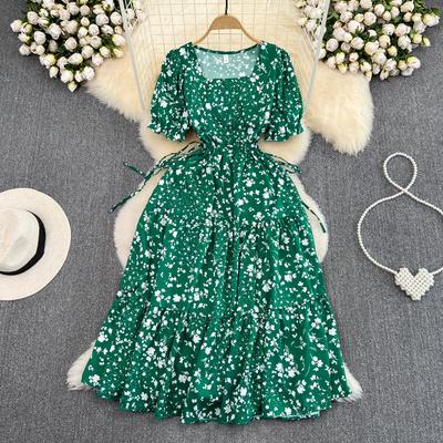Summer Elegant Square Collar Loose Dress Women Vintage Bubble Short Sleeve Slim A-line Floral Dress French Retro Long Dresses Casual