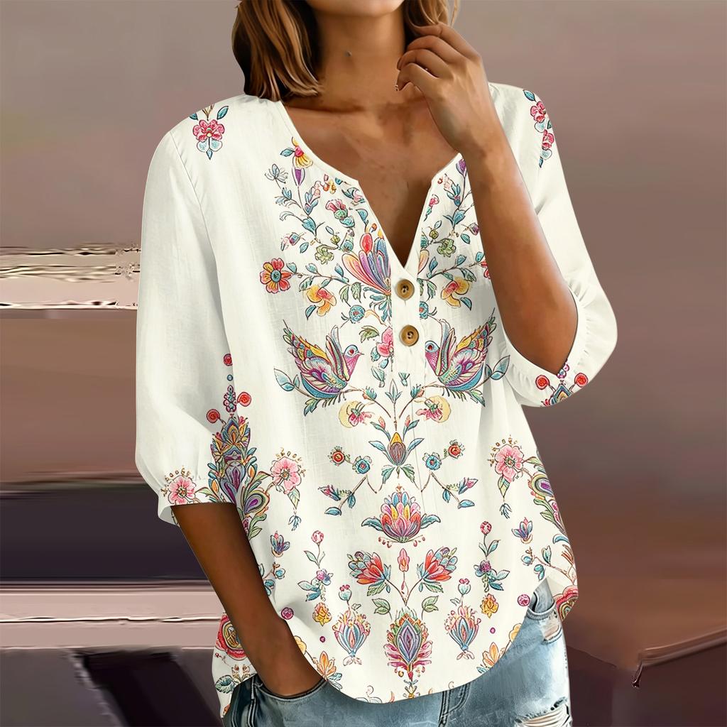 Women Floral Print Henley Button Neck Shirt Three Quarter Sleeve Cotton Linen Blouse Casual Loose Fit Top