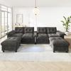 Modular 6-Seater Corner Sofa in U-/L-Shape with Two Movable Storage Stools, Center Console, Cup Holders, USB/Type-C and LED; Chenille Fabric, Grey