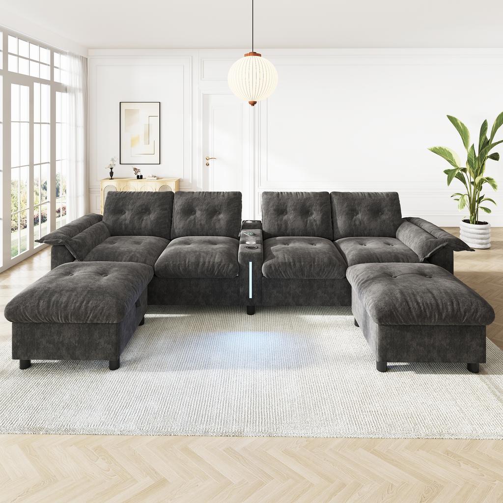 Modular 6-Seater Corner Sofa in U-/L-Shape with Two Movable Storage Stools, Center Console, Cup Holders, USB/Type-C and LED; Chenille Fabric, Grey