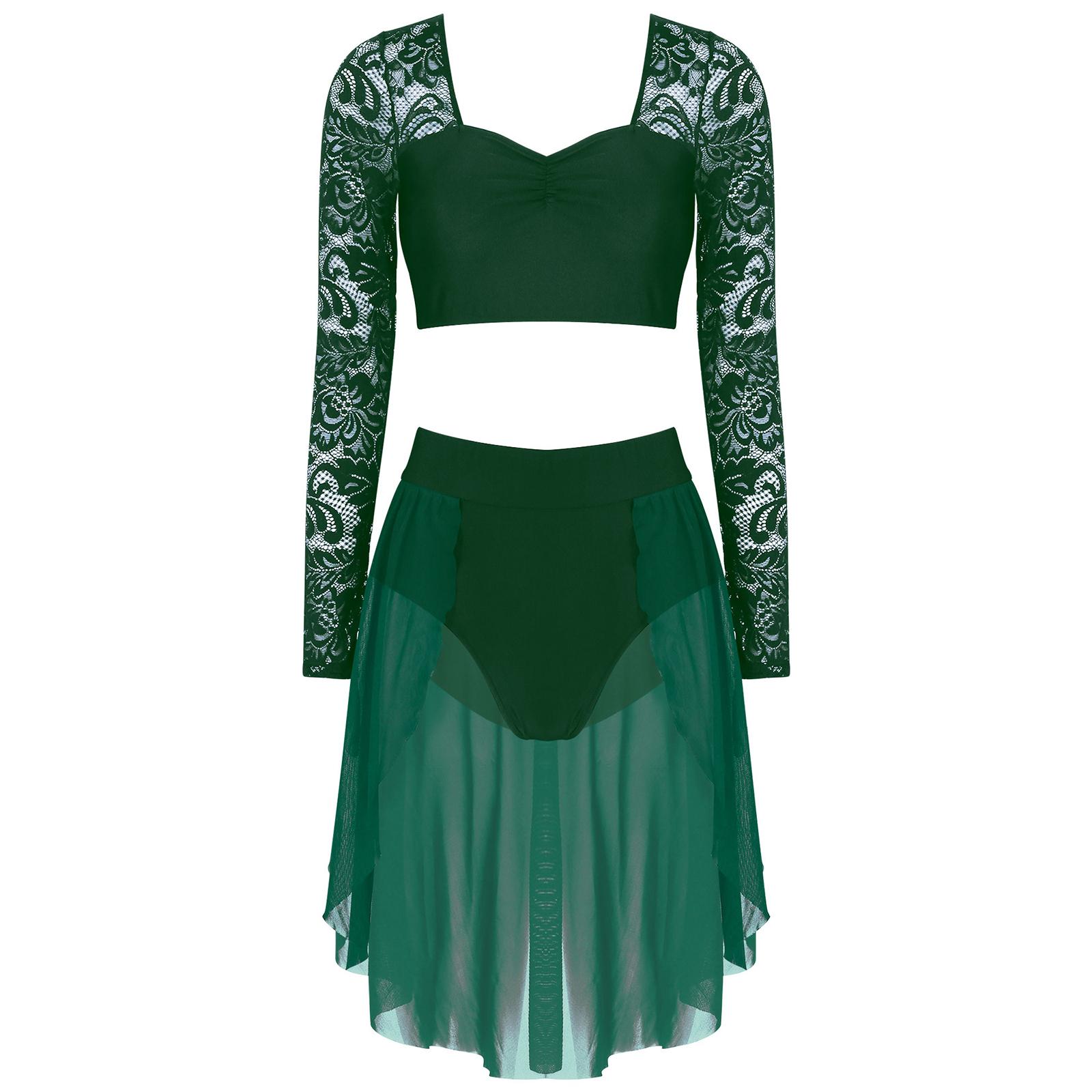 

Жіночий ліричний танцювальний костюм з двох частин: кроп-топ з довгими рукавами з квітковим мереживом та плісовані трусики-спідниця для виступів XL зелений