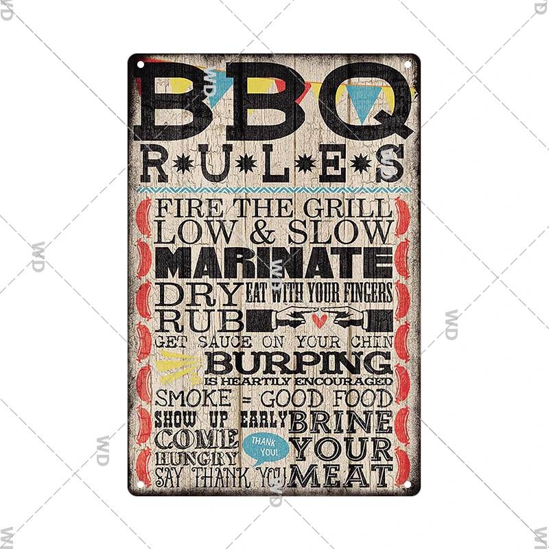 Dad's BBQ Party Metal Tin Plaque Retro Tin Signs Barbecue Rules Slogan Plate Vintage Grill Poster Yard Garden Kitchen Wall Decor