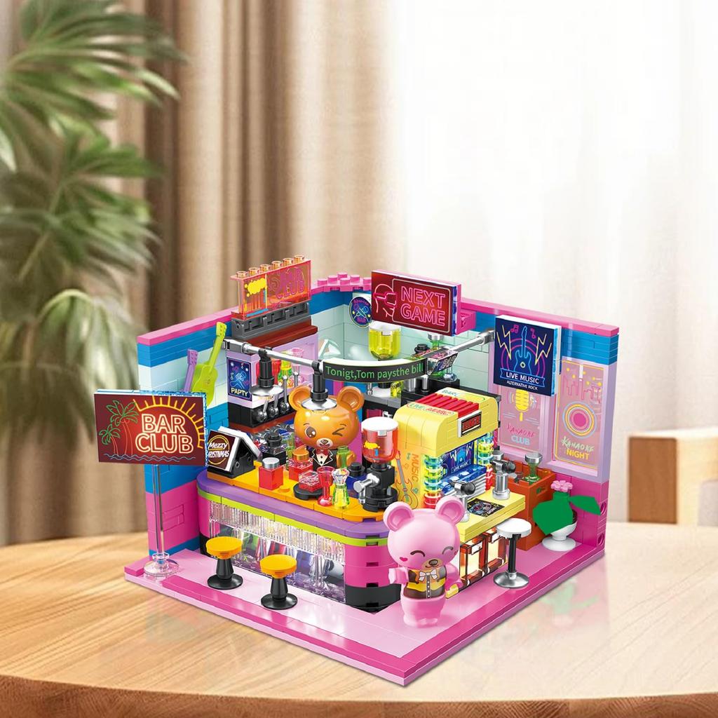 Hallisun Dom Przyjaciół Mini Klocki Muzyka Miejska Biznesowa Miasto Małe Klocki Mini Konstrukcja Prezent Urodzinowy dla Osób w Wieku 602 Elementy Zestaw, Klub Niedźwiedzia,