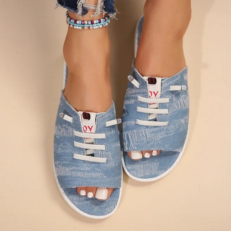 Fashion Unisex Slides New Women Slippers Peep-toe Sandals Outdoor Casual Canvas Denim Slippers Flat Home Slippers Large Sizes 36-43