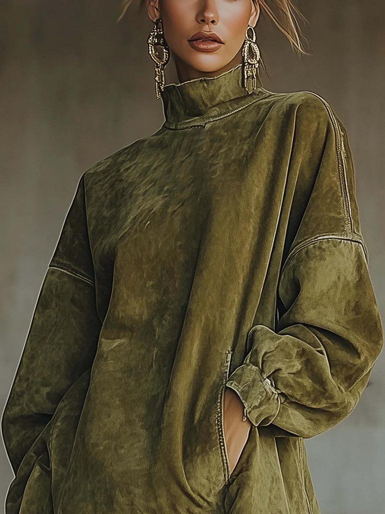 High Neck Loose Pocket Tassel Long Sleeve Suede Dress, 2026 Edition
