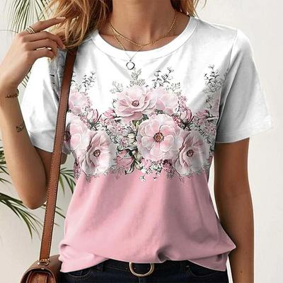 Nuova T-shirt casual da donna a maniche corte larghe con stampa di fiori 3D top estivi eleganti T-shirt girocollo magliette top da donna Harajuku