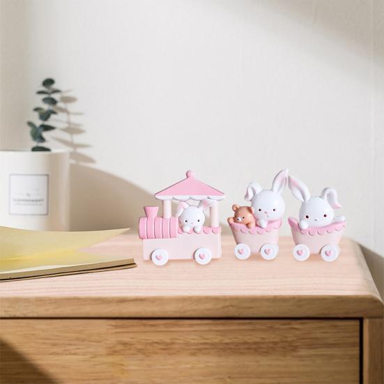 3Pcs Pink Rabbit Figurines Model Decoration Lovely Train Bunny Craft Ornament Cartoon Animal Statue Model Cupcake Topper