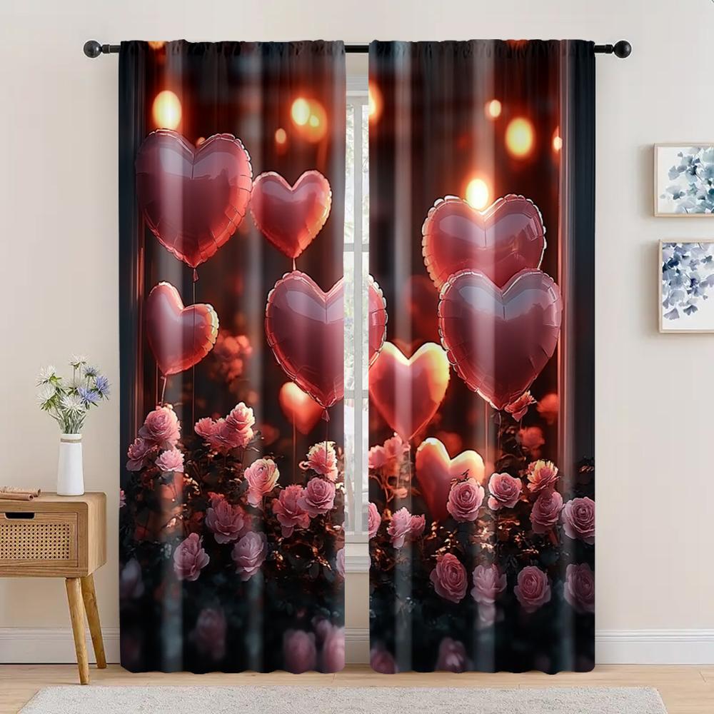 2pc,  Valentine's Day Window Treatment Curtains Romantic Heart Theme Roses Durable Polyester,Without Electricity Spring Party &