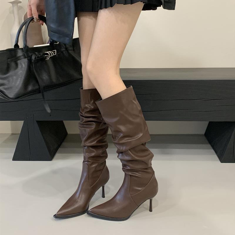 Pointed Thin Heel High Heel Stacking Boots 2025 Autumn and Winter New Medium Tube Women's Pleated Boots Martin Boots Long Boots