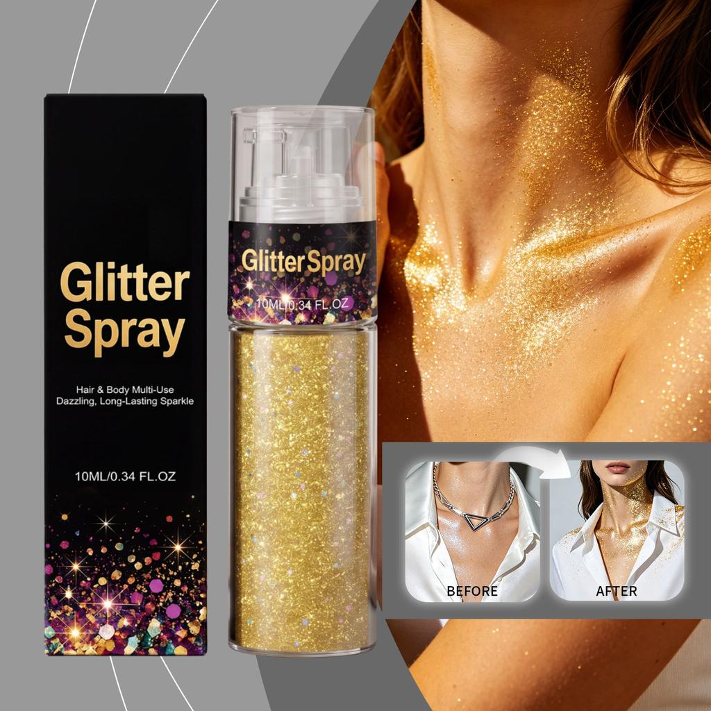 Spray Glitter Multiuso per Capelli e Corpo Scintillio a Lunga Tenuta Nebbia Fine Glitter Make-up Flacone da 10ML Applicazione Facile Formula Sicura