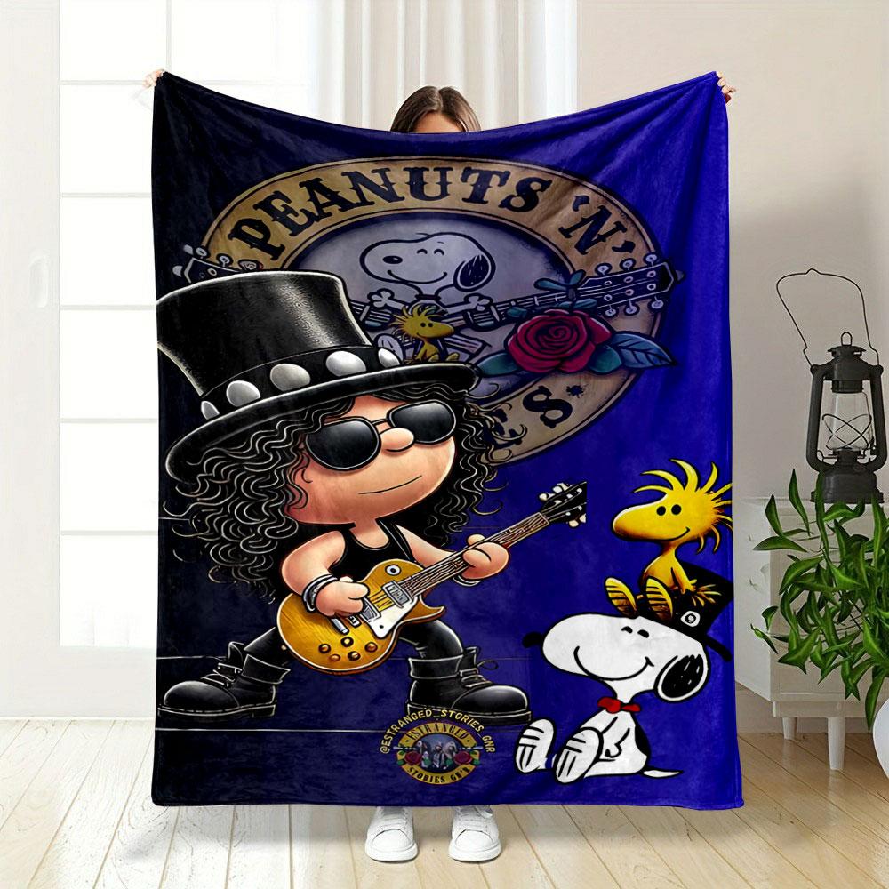 Cartoon Characters Themed In Rock Style with Guitars, Hats, and Roses. for All Seasons Blanket Lunch Break Throw Gift 75X95CM