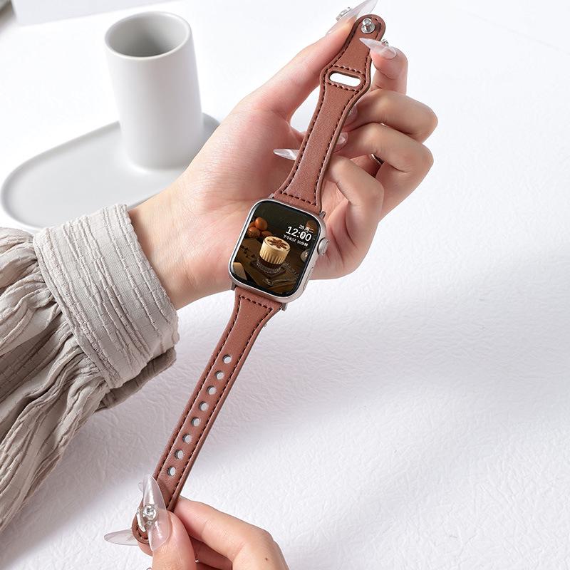 Compatible with Apple iWatch S10, Xiaomi 89Pro, Redmi 4, Huawei GT5: Women's Studded Small Waist Genuine Leather Watch Band