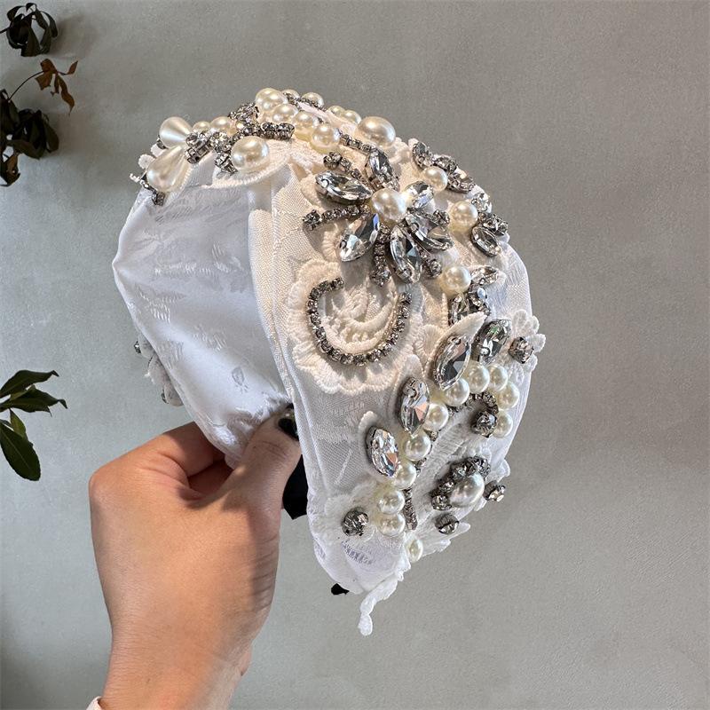 Luxur  Black White Crystal Embroidered Flower Headband for Women Girls Travel Seaside Wide Hair Hoops Headwear Hair Bands