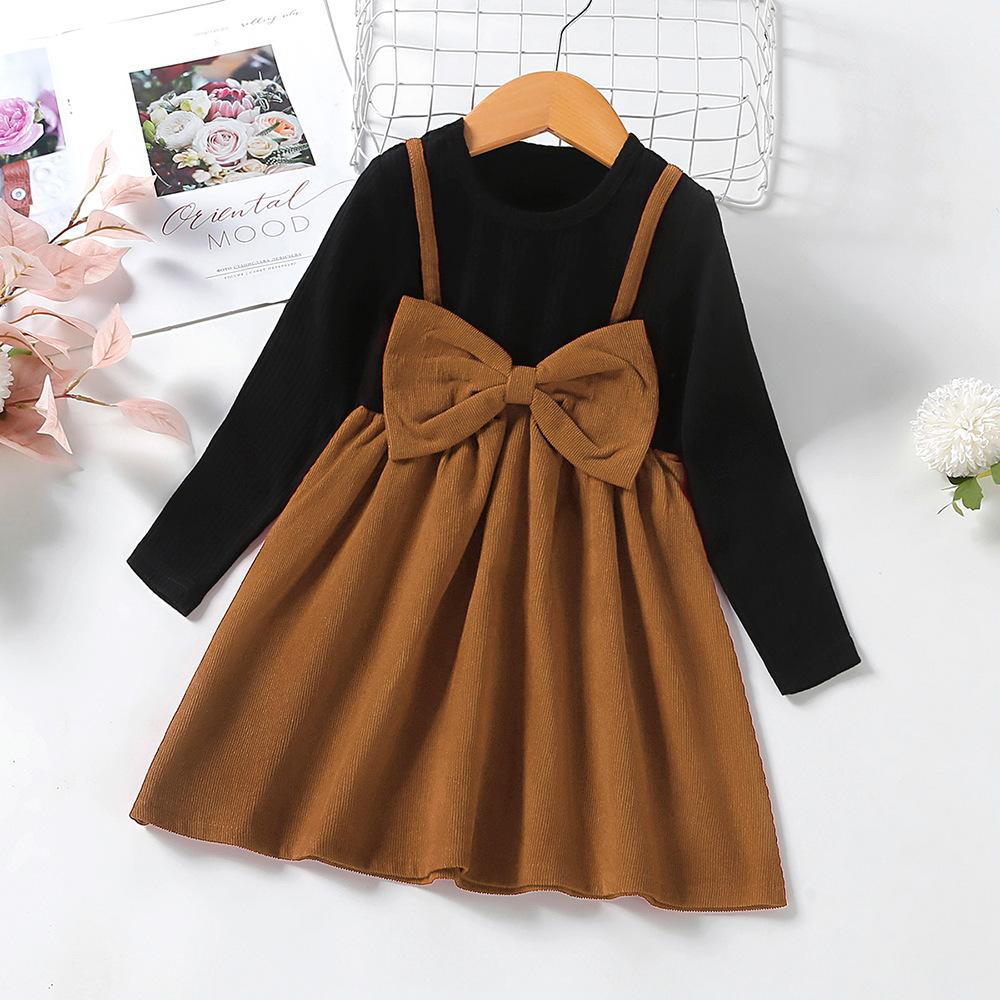 

Детская одежда Осень и Зима Платье для девочек из двух частей с юбкой и бантом 120cm коричневый