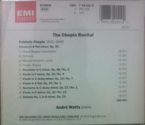 

CD ANDRE WATTS - The Chopin Recital CDC7541512 EMI Classics 1992 US Classical Used