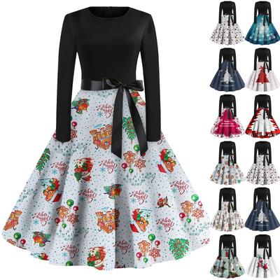 Damenmode Vintage Langarm Rundhals Weihnachten Bedruckte Abendkleider Partykleider