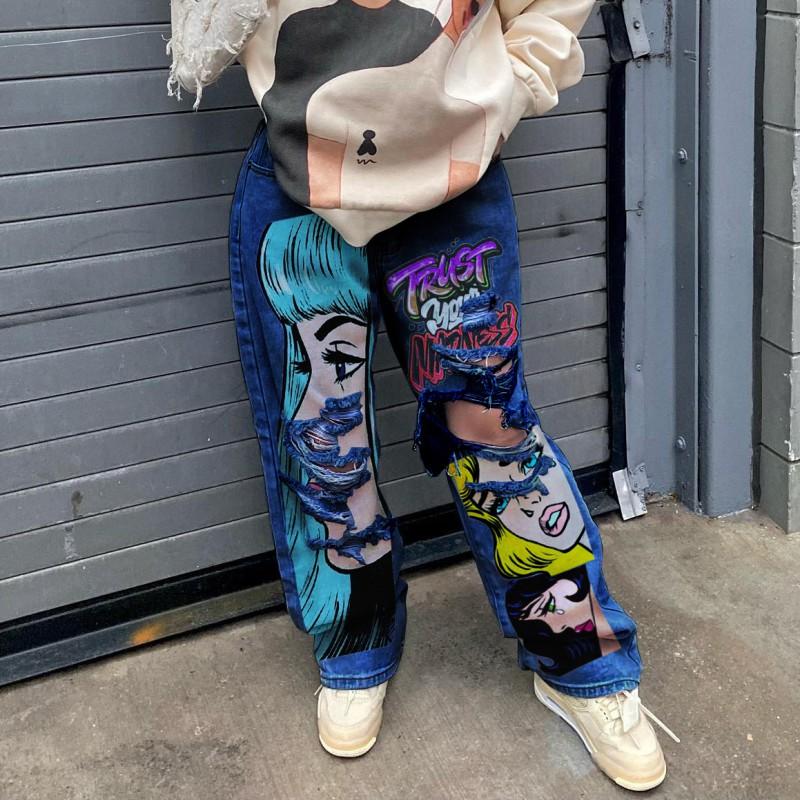 High Street Style Printed Baggy Wide Leg Jeans Hip Hop Cartoon Graphic Denim Trousers Streetwear