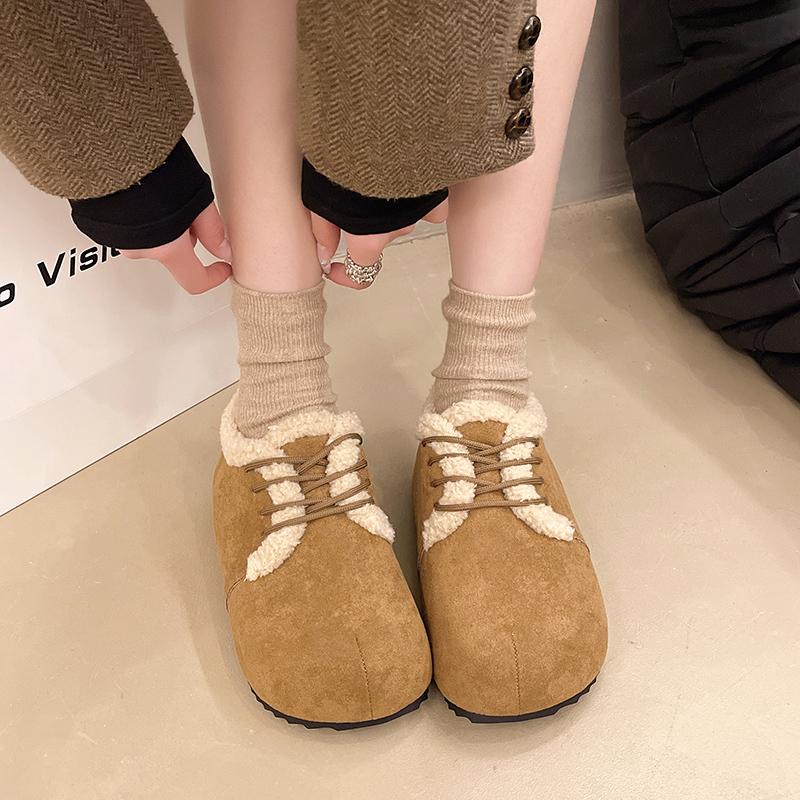 Fashion Winter New Flat Shoes Women's Fashion Round Head Suede Front Lacing Soft Sole Anti-slip Wear-resistant Low-top Shoes