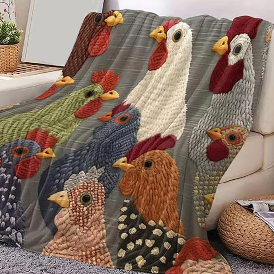 Yousheng Fun Chicken Head Pattern Plush Blanket Chicken Head Pattern Printed Farmhouse Blanket Vintage Soft Cozy Colorful Rooster Flannel Blanket