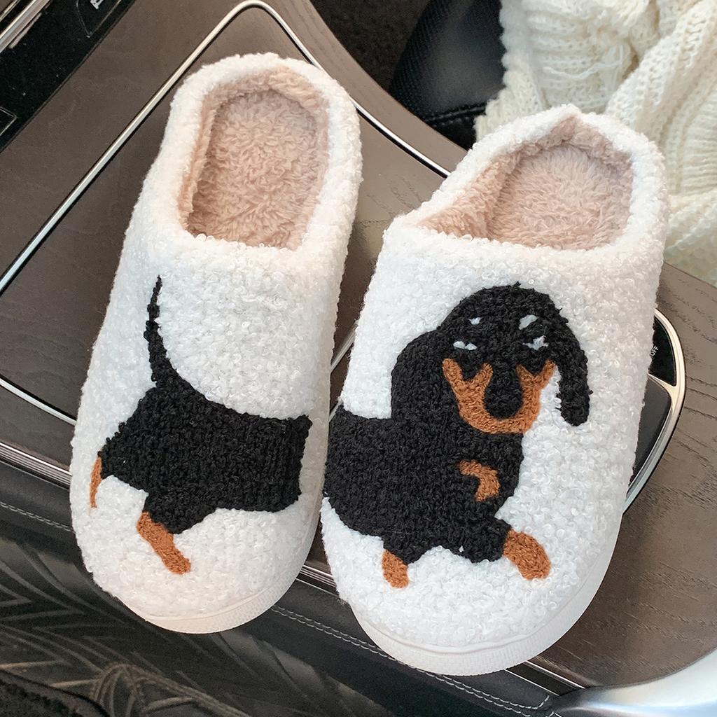 Pet Pattern Dachshund Embroidery Stuffed Home Thick Sole Plaid Furry Cotton Slippers Cute Warm Non-slip Indoor Slippers  Gift