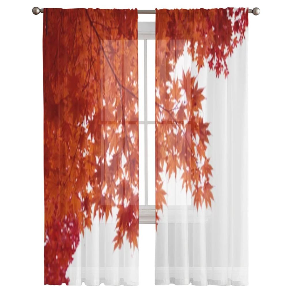 Red Autumn Maple Tree Leaves Sheer Curtains Bedroom Voile Curtain Living Room Window Sheer Curtains Kitchen Tulle Drapes