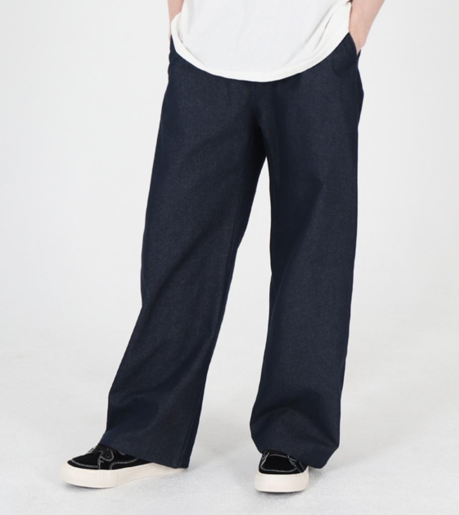 Beoteunseoul Curved Wide Denim Elastic Waist Pants [Deep Blue Indigo]