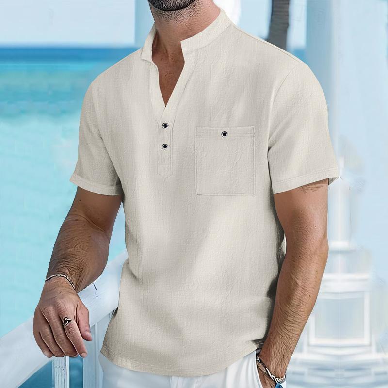 Men's Stand Up Collar Short Sleeved T-shirt Male Cotton and Linen  Casual Top Comfortable Breathable Casual Henry's Shirt