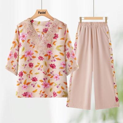 Past Summer Lace Chiffon Floral Print Top & Pants Set